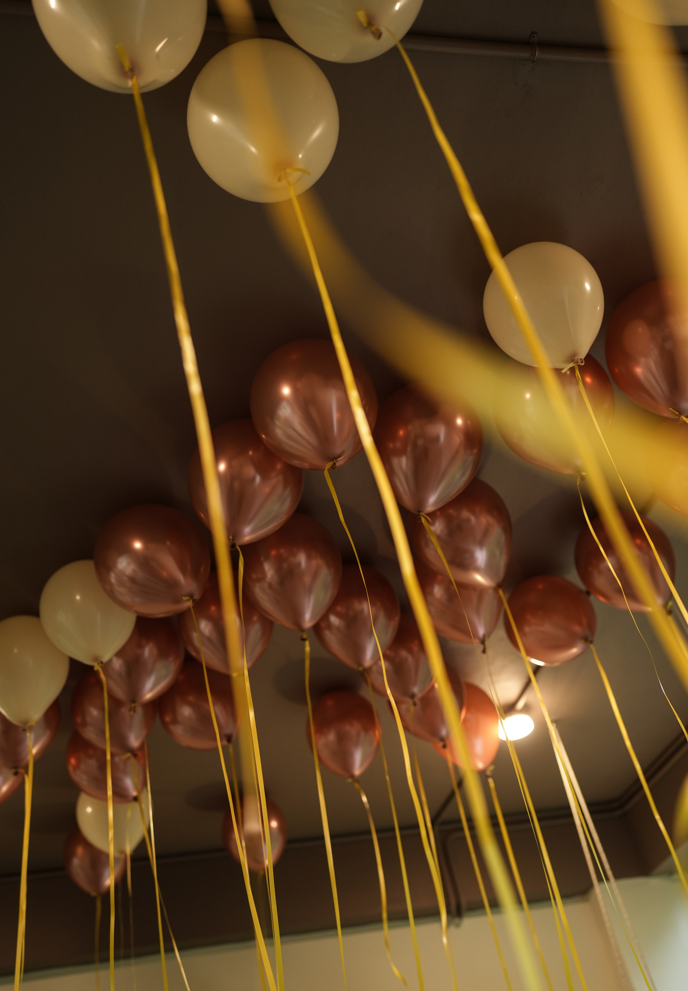 Rose-gold and ivory balloons on gold strings