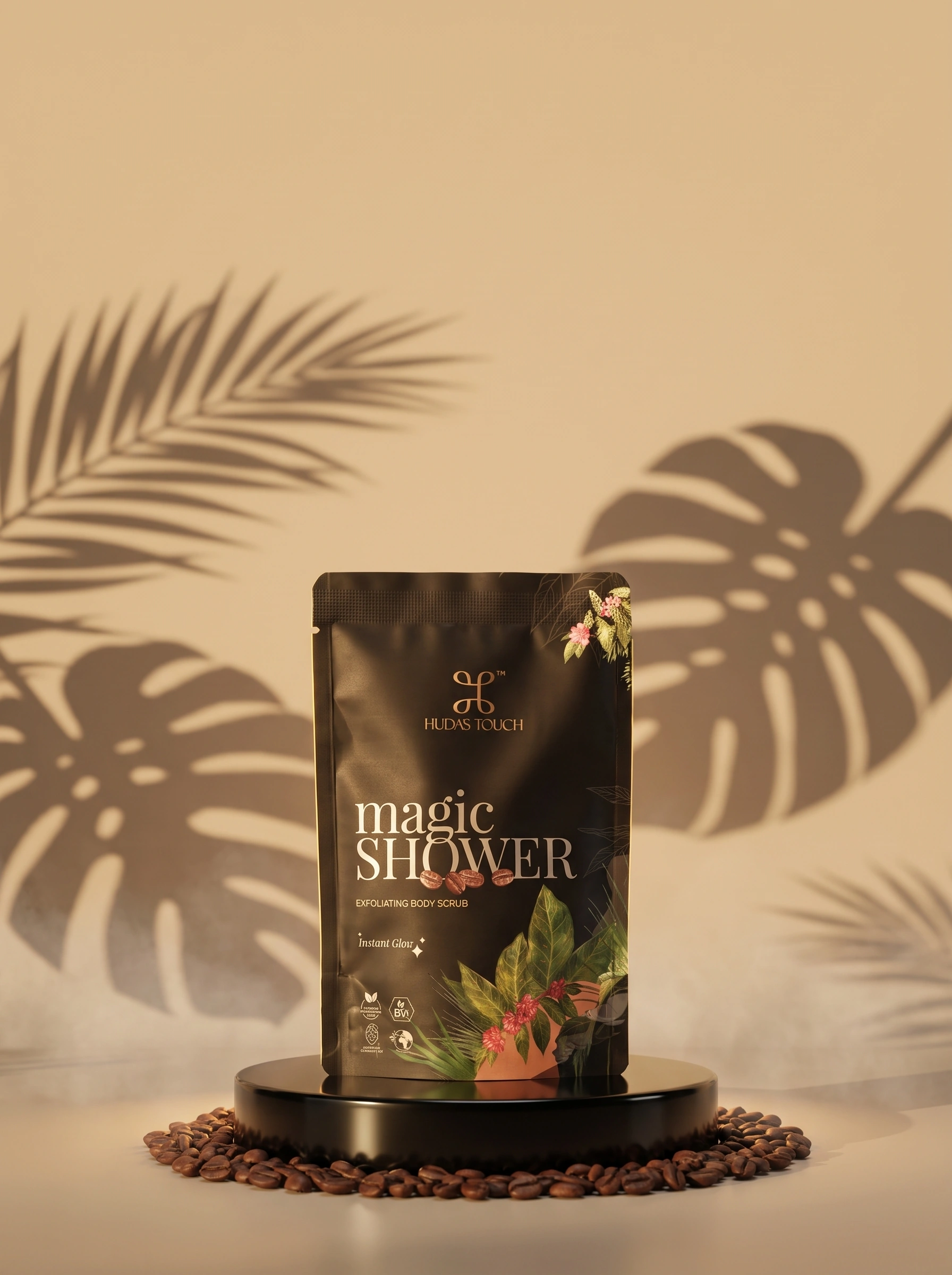 The magic SHOWER sachet on a black plinth ringed with coffee beans, palm shadows on a warm wall