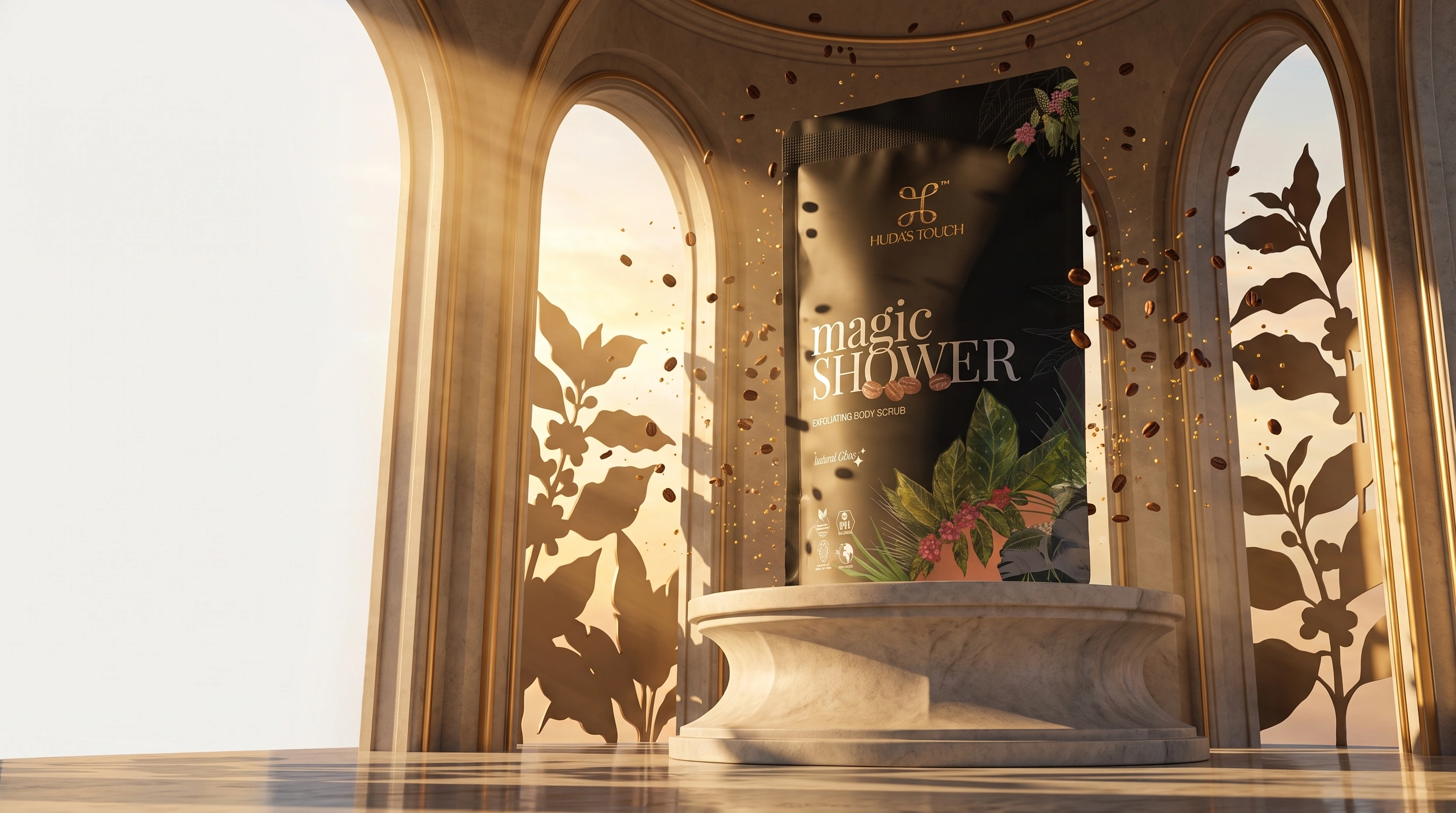 The Magic Shower sachet on a marble plinth in a sunlit colonnade