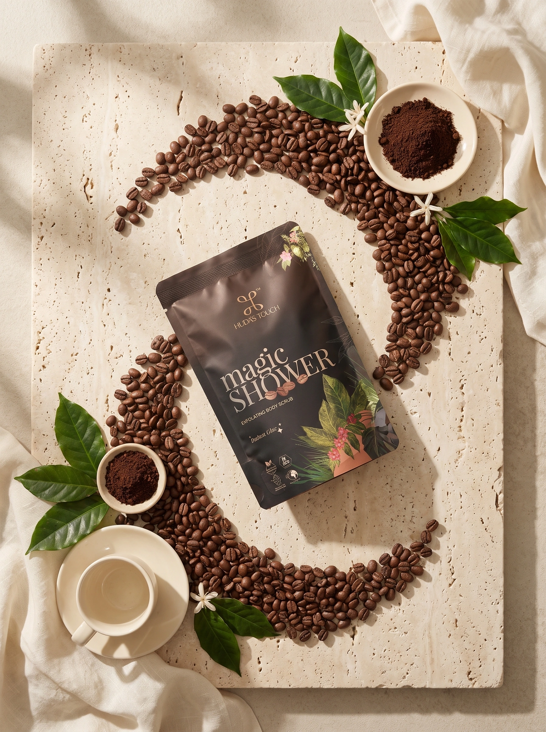 The sachet laid on travertine with ground coffee, beans and coffee leaves