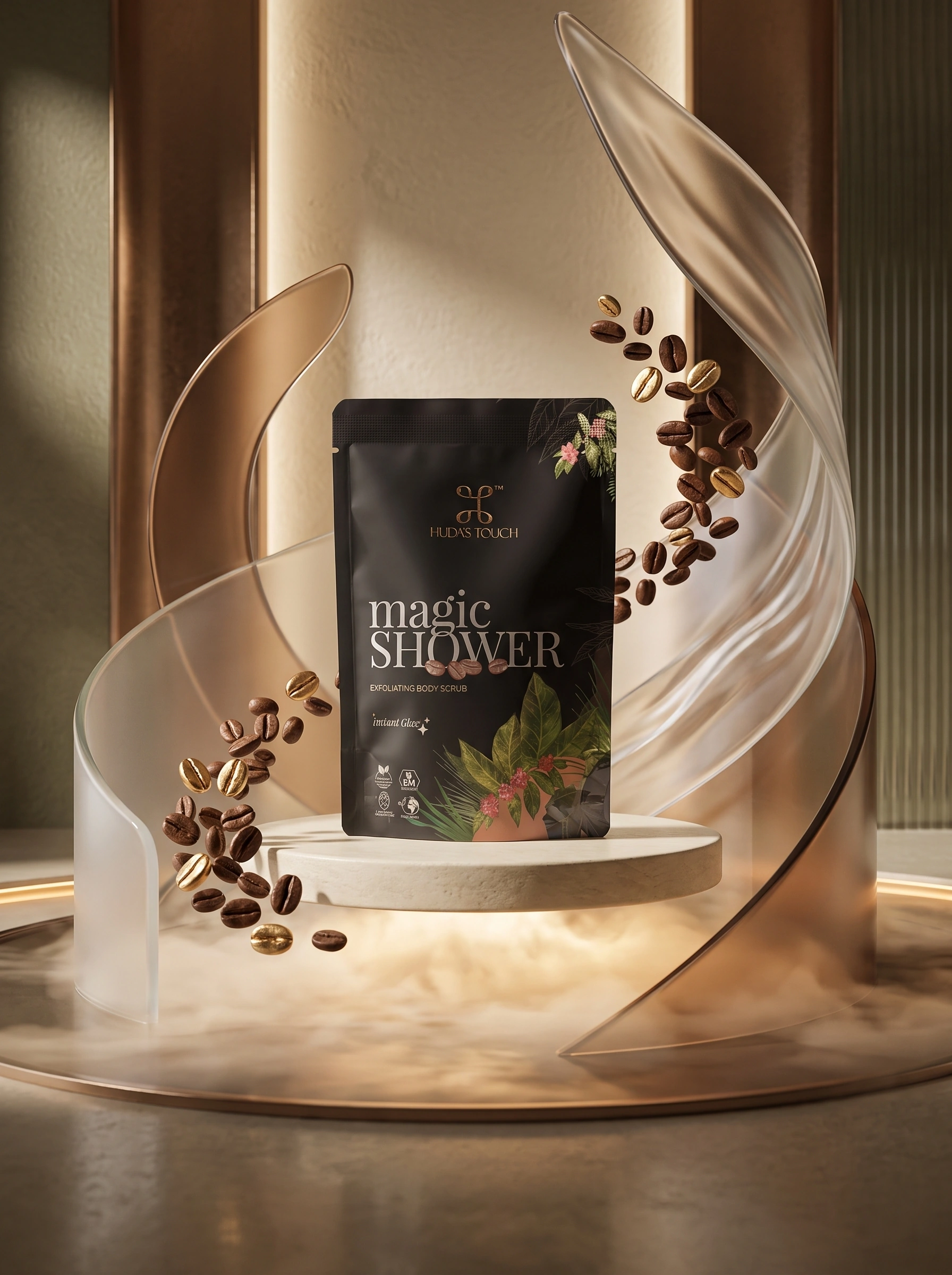 The sachet on a lit plinth between curved glass forms