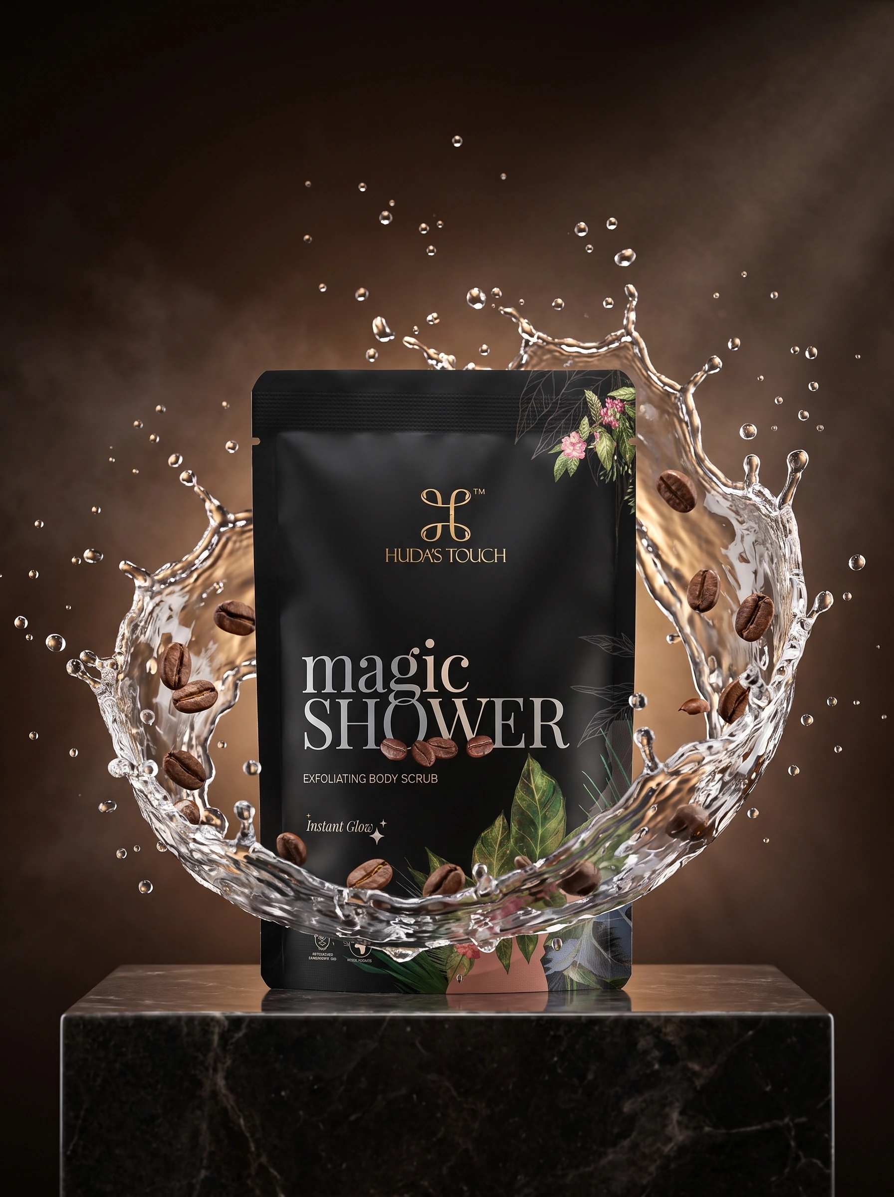 The sachet held inside a ring of water and coffee beans