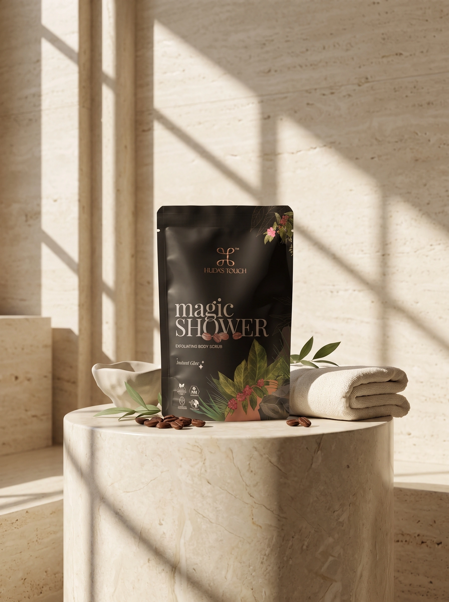 The sachet on a travertine plinth beside folded towels in morning light